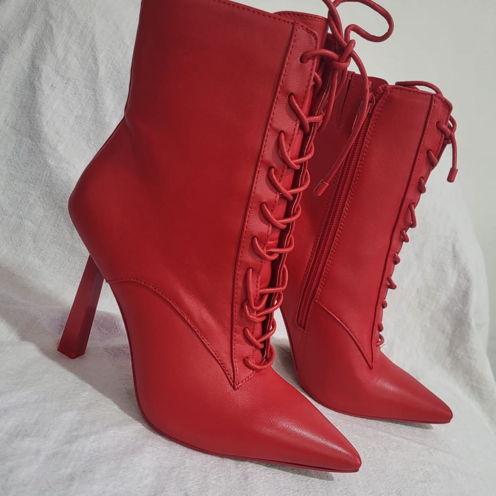 Aldo Began 640 Cherry Red Stiletto Heeled Boots with Lace-Up Detail